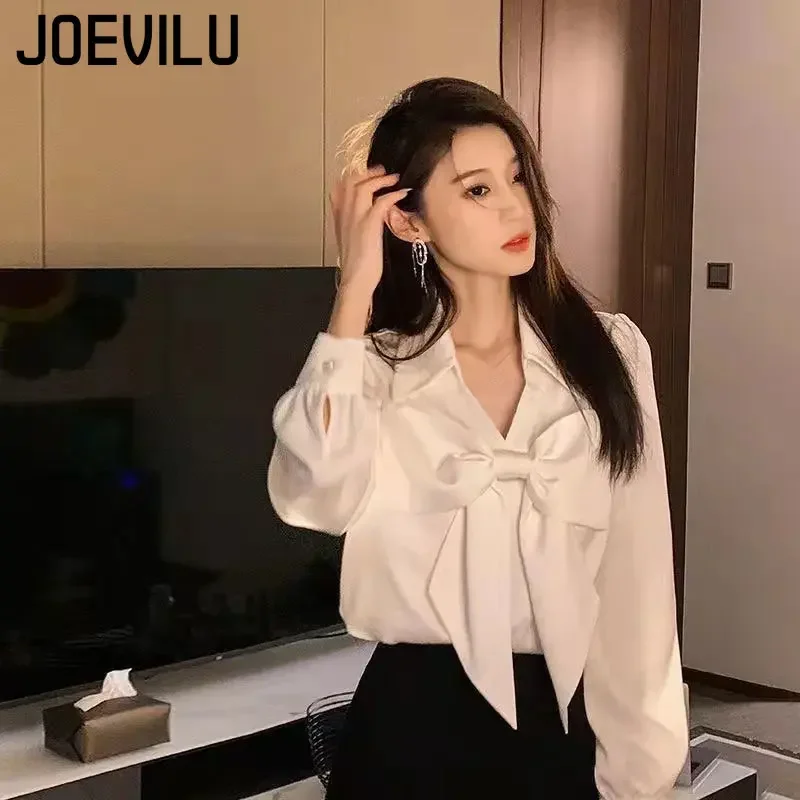 Camisa blanca elegante para mujer, Tops con lazo grande, camisas expostas con cuello en V y clavícula, blusas de moda coreana, ropa informal para mujer