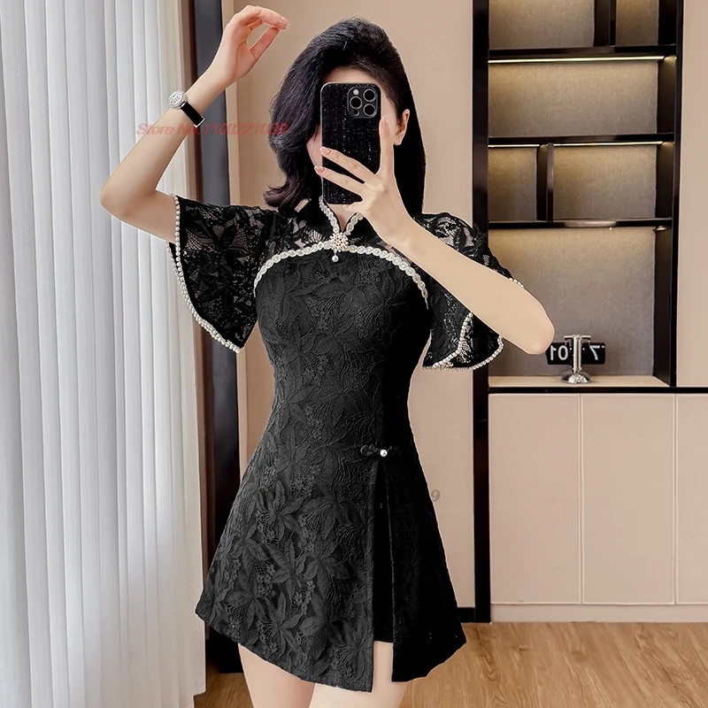2025 chinês sexy qipao melhorado cheongsam vestido + shorts rendas flor boate vestido qipao hotel spa trabalho vestido uniforme de beleza