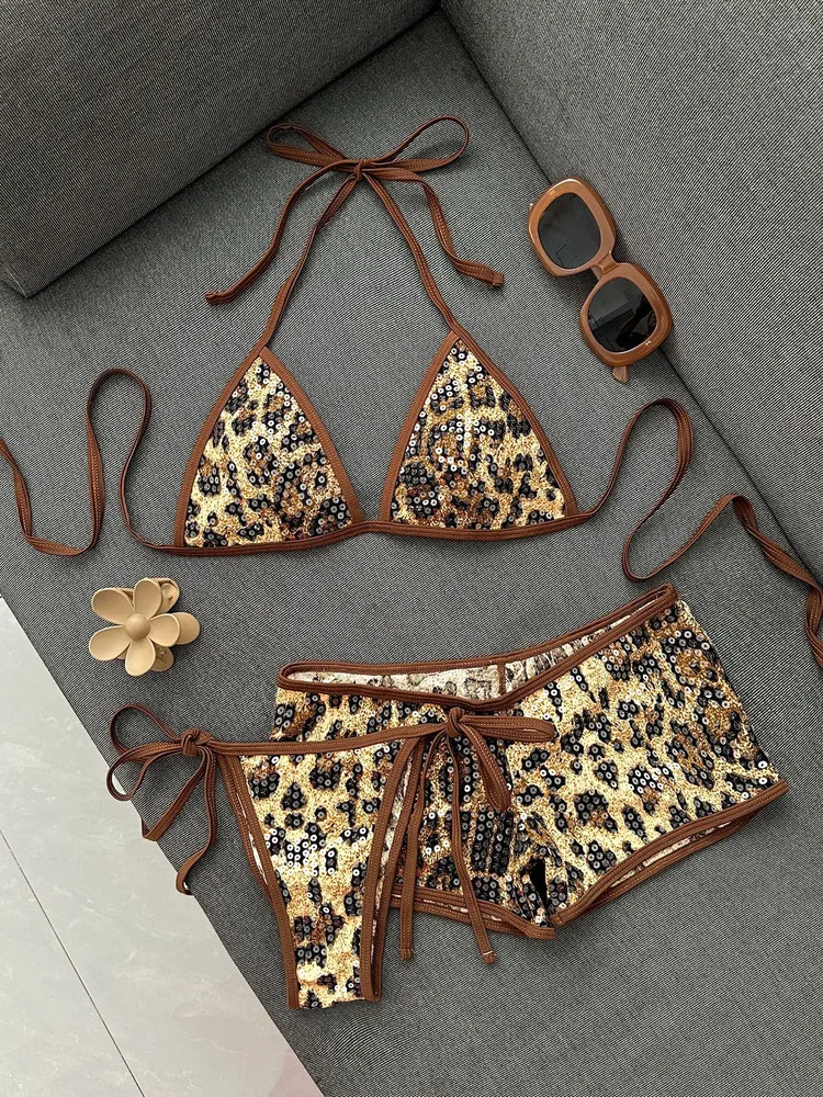 Bademode Damen 2026 Neu Leopardenmuster Pailletten Bikini-Sets Damen Sommer Sexy Riemen Strand 2-teiliges Set Badeanzug