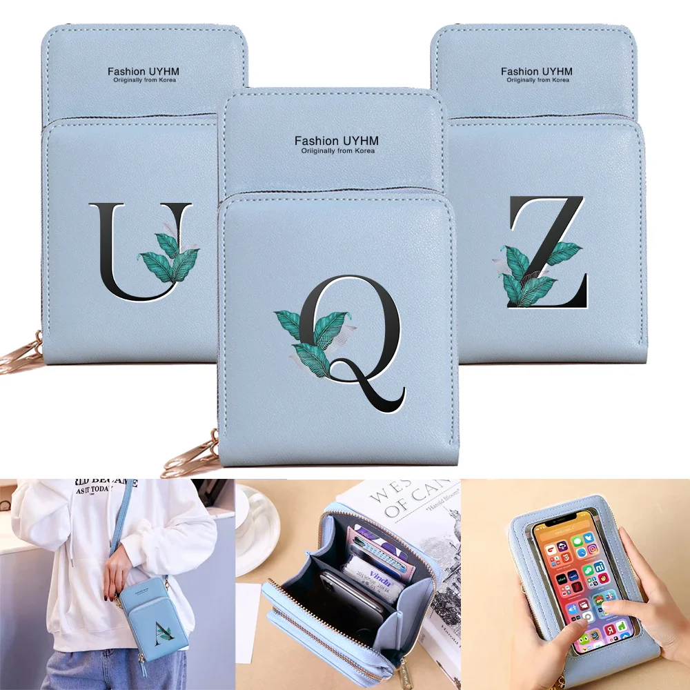 Touch Screen Mobile Phone Bags Women Crossbody Shoulder Bag Wallets Leaf Letter Print Card Pack Female Cell Phone Storage Purse