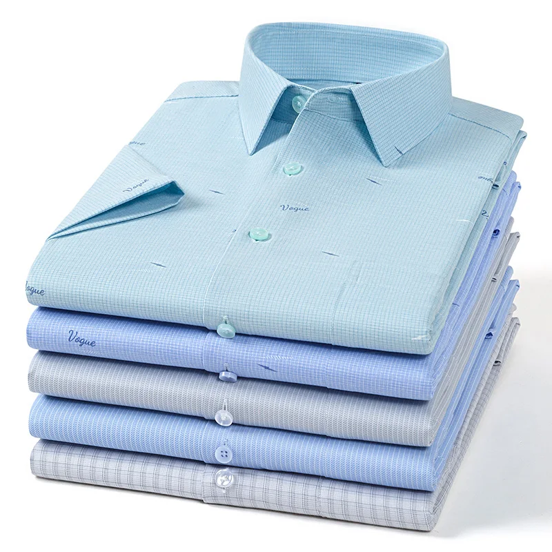 Bamboo fiber summer short sleeve shirts for man slim fit foraml plain shirt casual plaid tops printing elegant office clothes