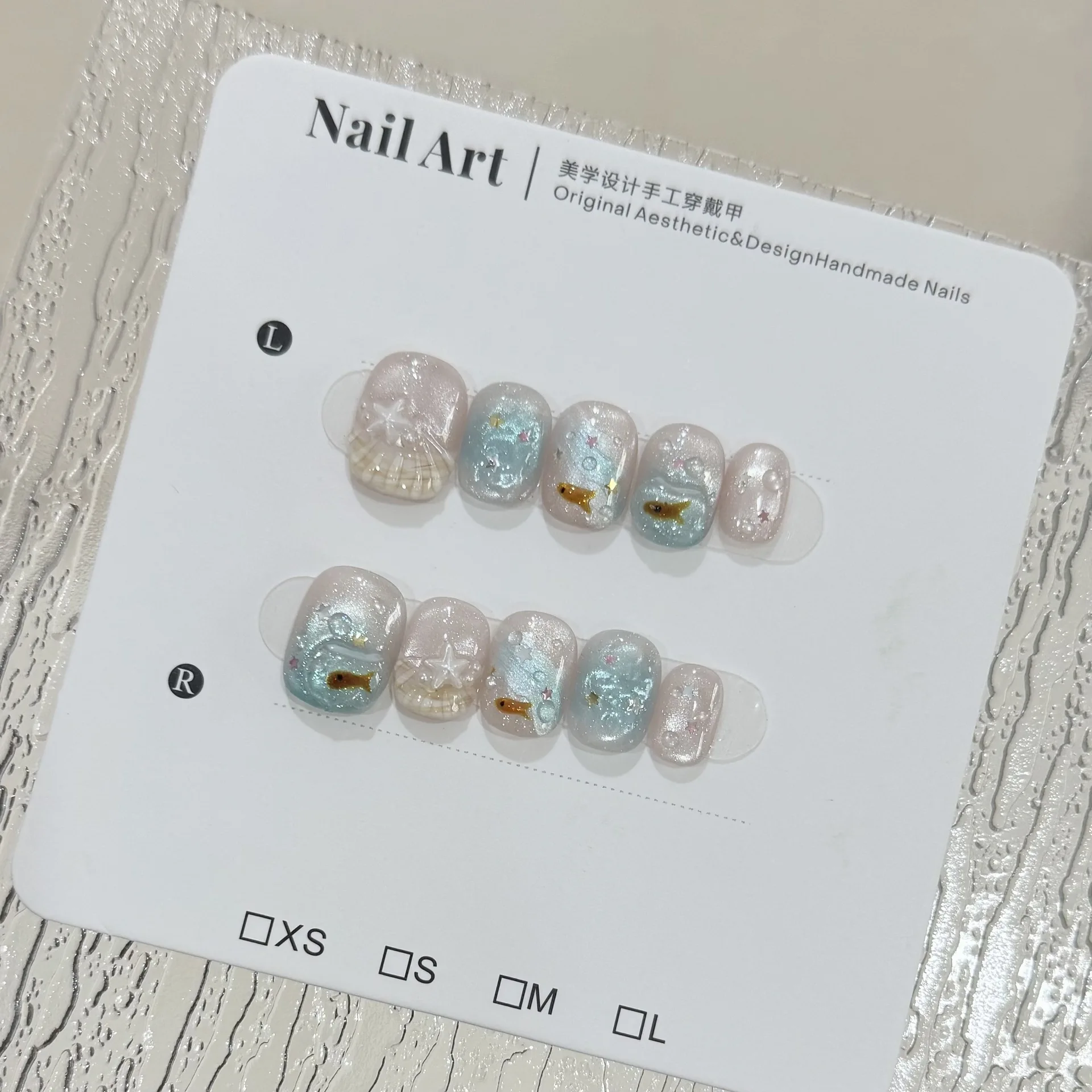 

10pcs Pink Blue Cat Eye Handmade Nails Ocean Fish Shell Star 3D Charm Press on Nail Short Square Summer Fake Nail for Women