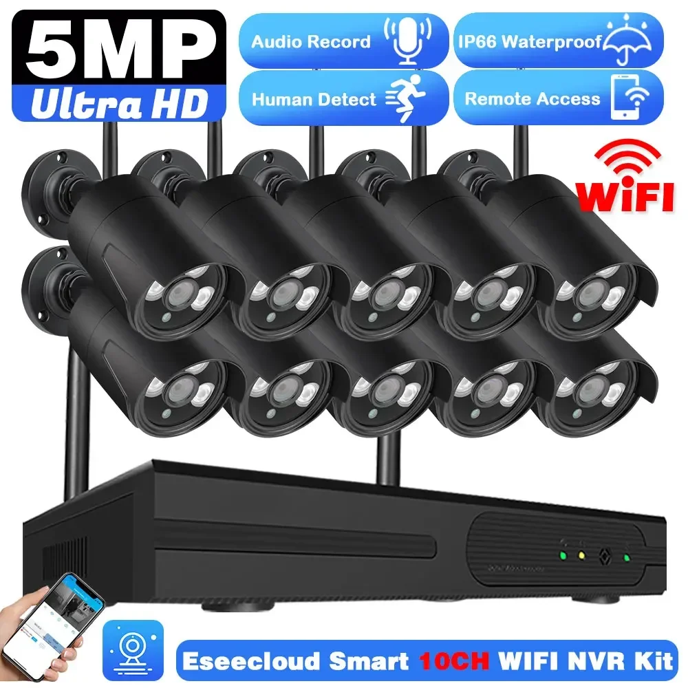 Wireless Wifi Camera Kit 5MP Audio Smart AI Human Detection Outdoor Security Camera 10CH NVR Video Surveillance System Eseecloud