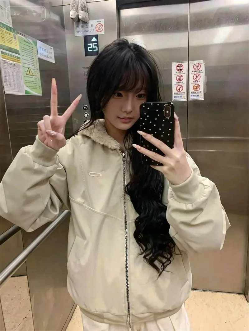 

Warm and Thickened Imitation Lamb Wool Cotton-Padded Coat Women Autumn and Winter New Jacket Velvet Loose Hooded Cotton Clothes