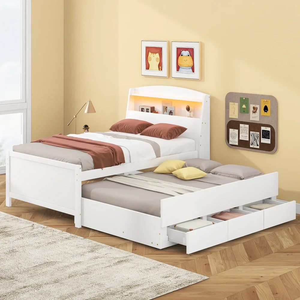 

White Children Beds, Wood Twin Size Platform Bed with Storage Headboard, Drawers Trundle and LED Light