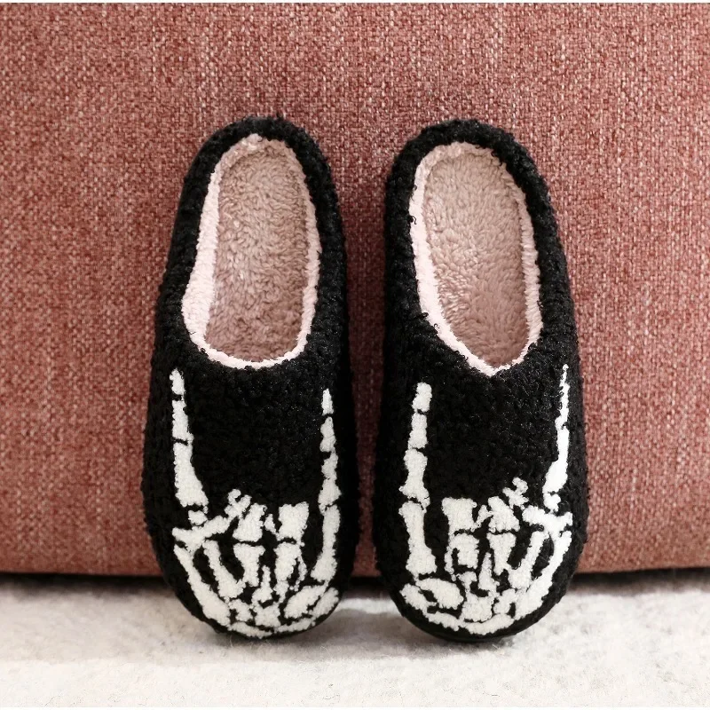 Halloween Skeleton Finger Embroidery Printed Warm Cotton Slippers for Men Women Plush Anti Slip Wear Resistant Couple Slippers