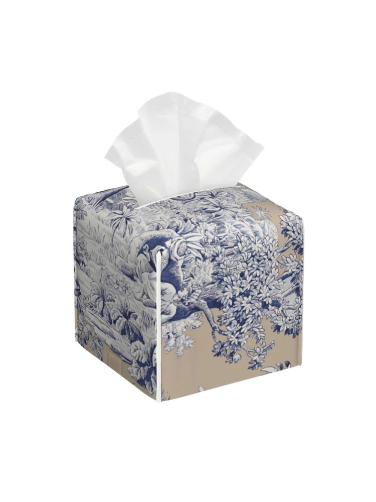 Toile De Jouy – boîte à mouchoirs personnalisée en cuir PU, bleu marine, motif d'éléphant, carré, Art français, porte-mouchoirs pour le visage, pour salle De bains