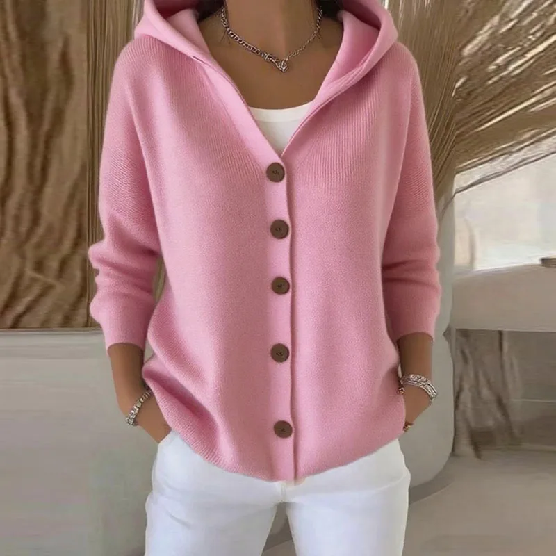 

Autumn Single Breasted Loose Women's Sweater Simple Fashion Solid Knitted Hooded Top Winter Long Sleeve Harajuku Jumper Cardigan