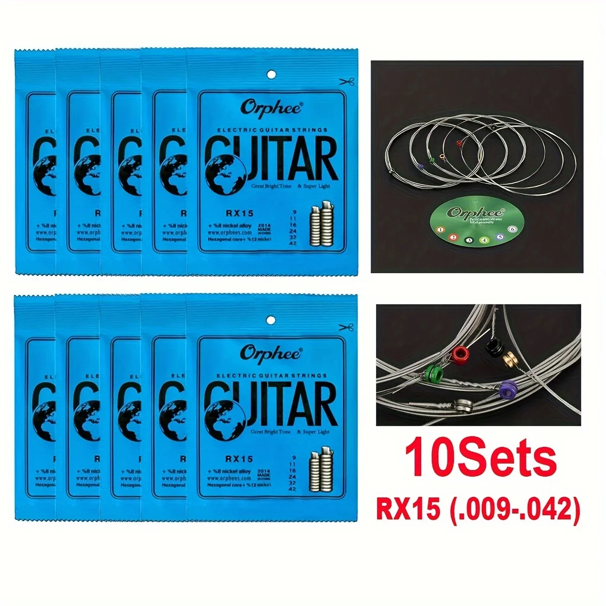 10 مجموعات من 6 قطع Orphee RX15 سلاسل الغيتار الكهربائي.009-.042 سبائك النيكل