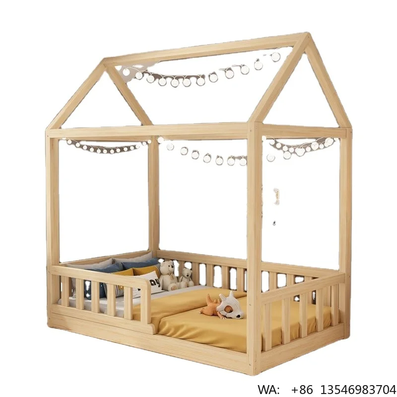 New Style Children Bedroom Furniture Modern Simple Montessori House Shape Design Wood Frame Floor Kids Bed With Guardrail