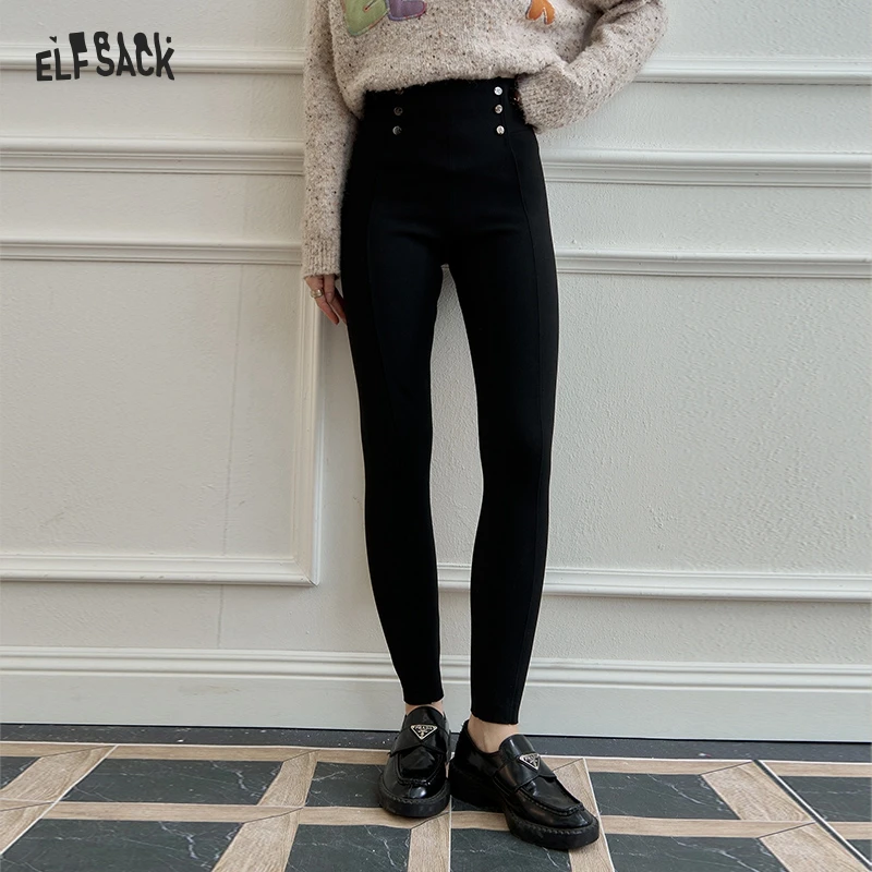 ELFSACK 2024 Winter New Arrivals Black high waist tight skinny pants for women casual all-match slim