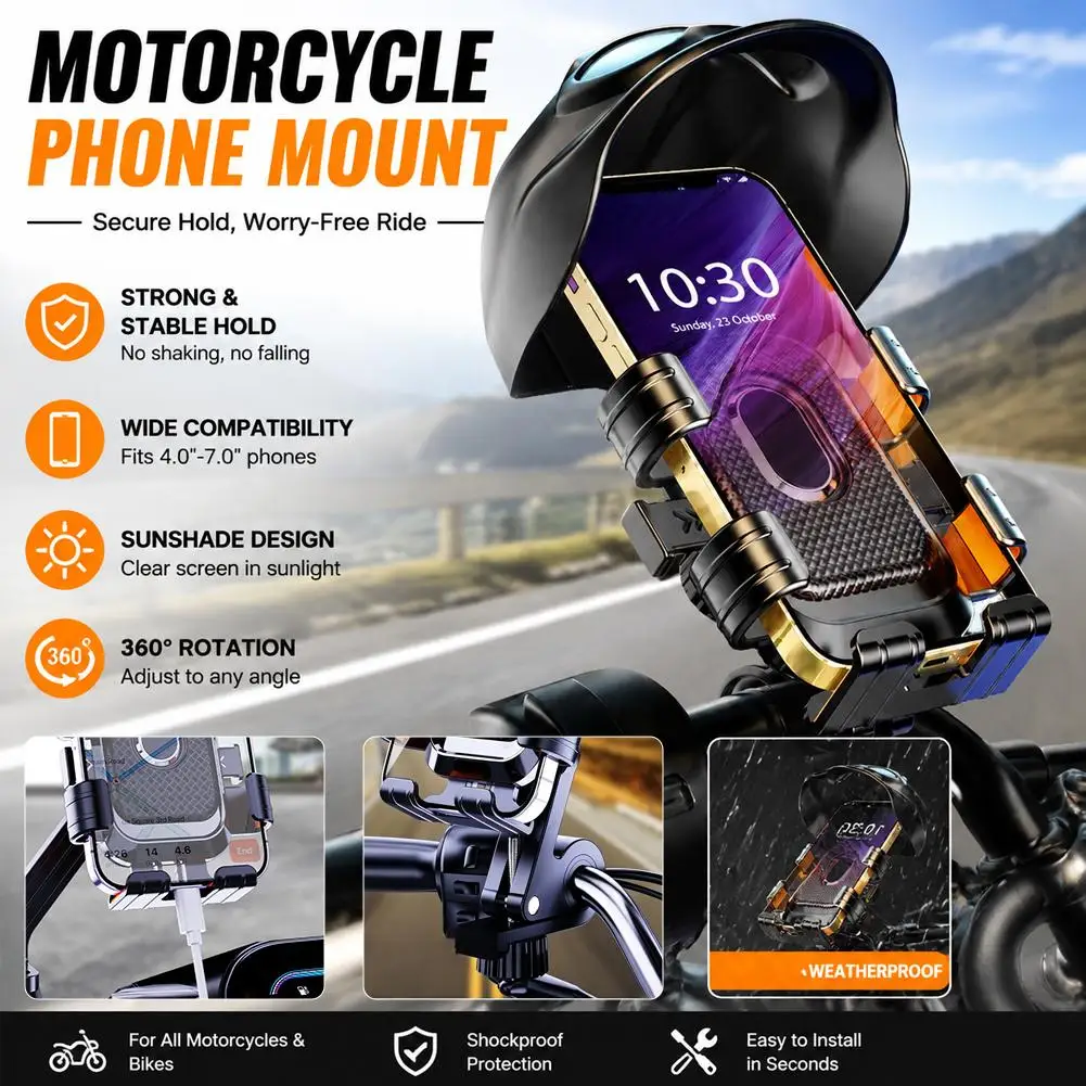 Stoßfester Motorrad-Handyhalter mit Sonnenblende, Anti-Schock-Fahrrad-Handyhalterung für Elektroroller und Motorräder