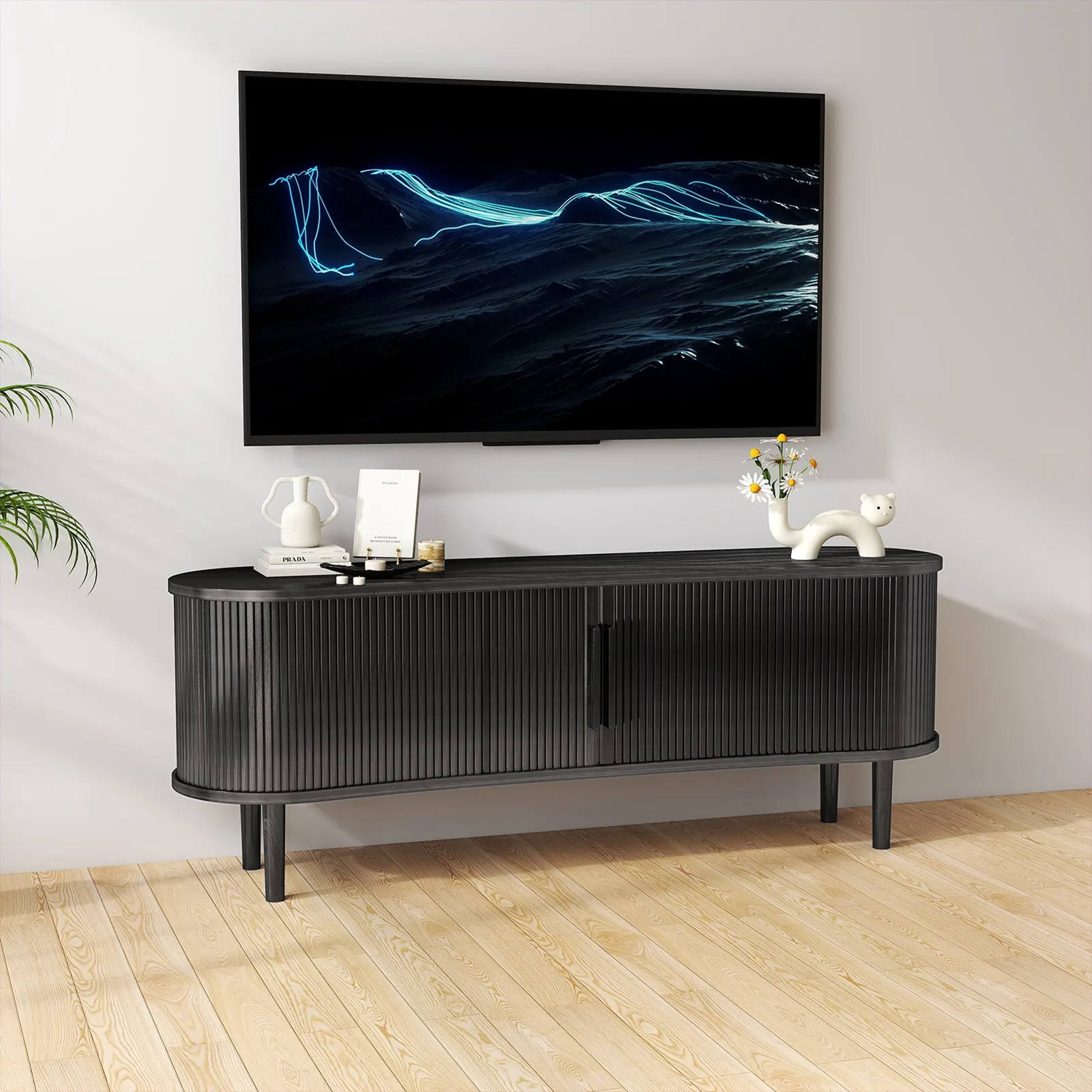 TV Stand MDF Mid Century Modern Media Console Table Entertainment Center with Storage Handle Door for Living Room Office
