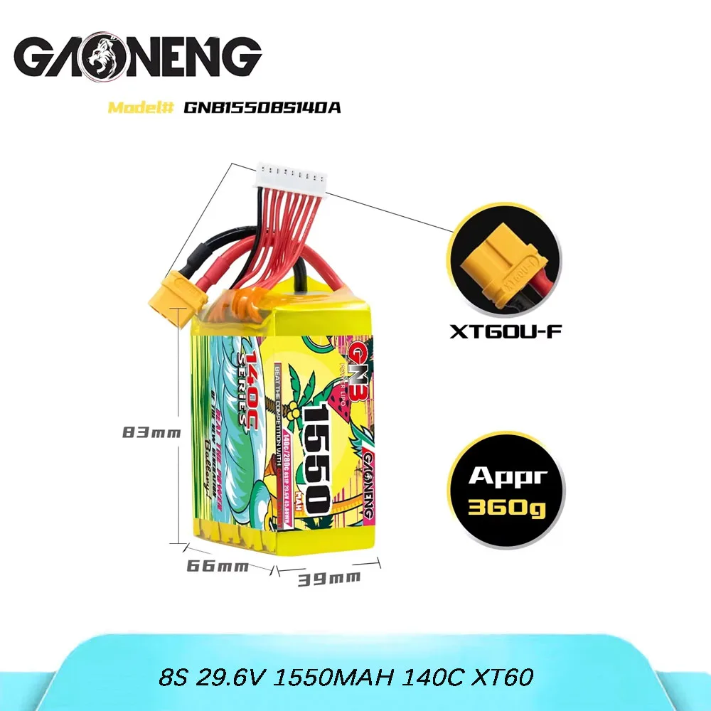 

GAONENG GNB 8S 29.6V 1550mAh 140C lithium battery with XT60 connector, suitable for FPV drones and quadcopters.