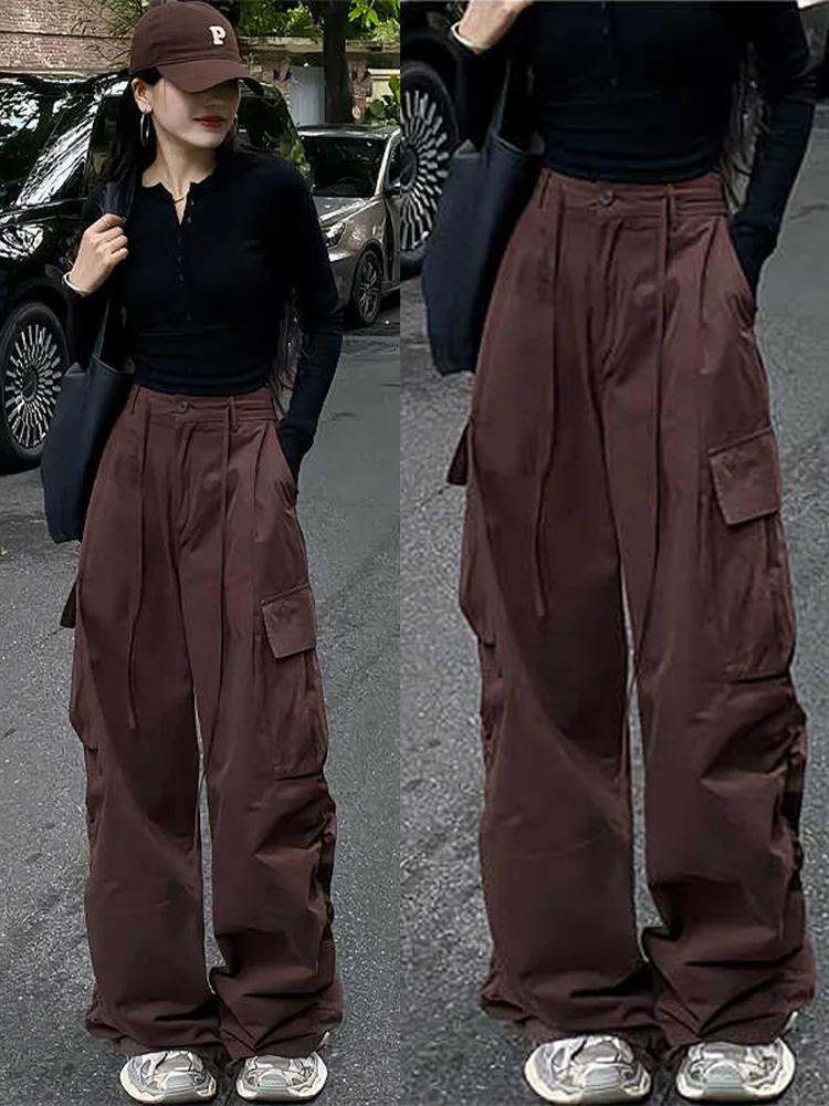 Drawstring Cuffed Wide Leg Workwear Casual Pants Women's New 2026 American Style Loose Fit Multiple Pockets Paratrooper Trousers