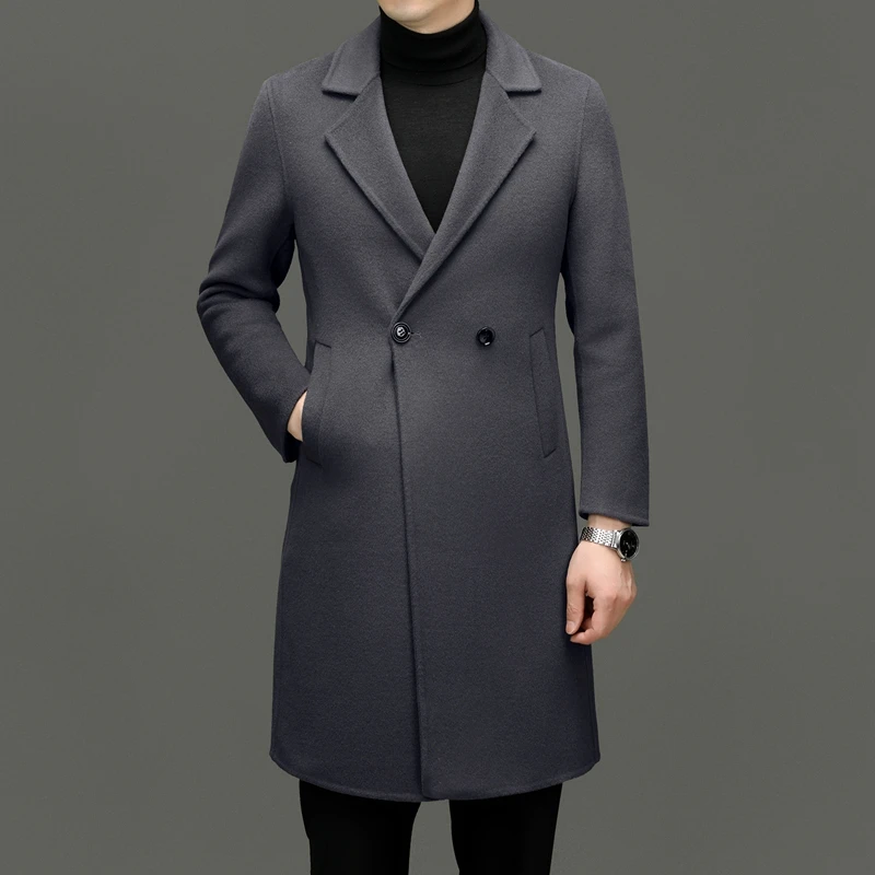 

Winter Autmen Men Cashmere Blend Overcoat Old Money Style Wool Coat Gray Black Coffee Notched Collar Back Split Design Attire
