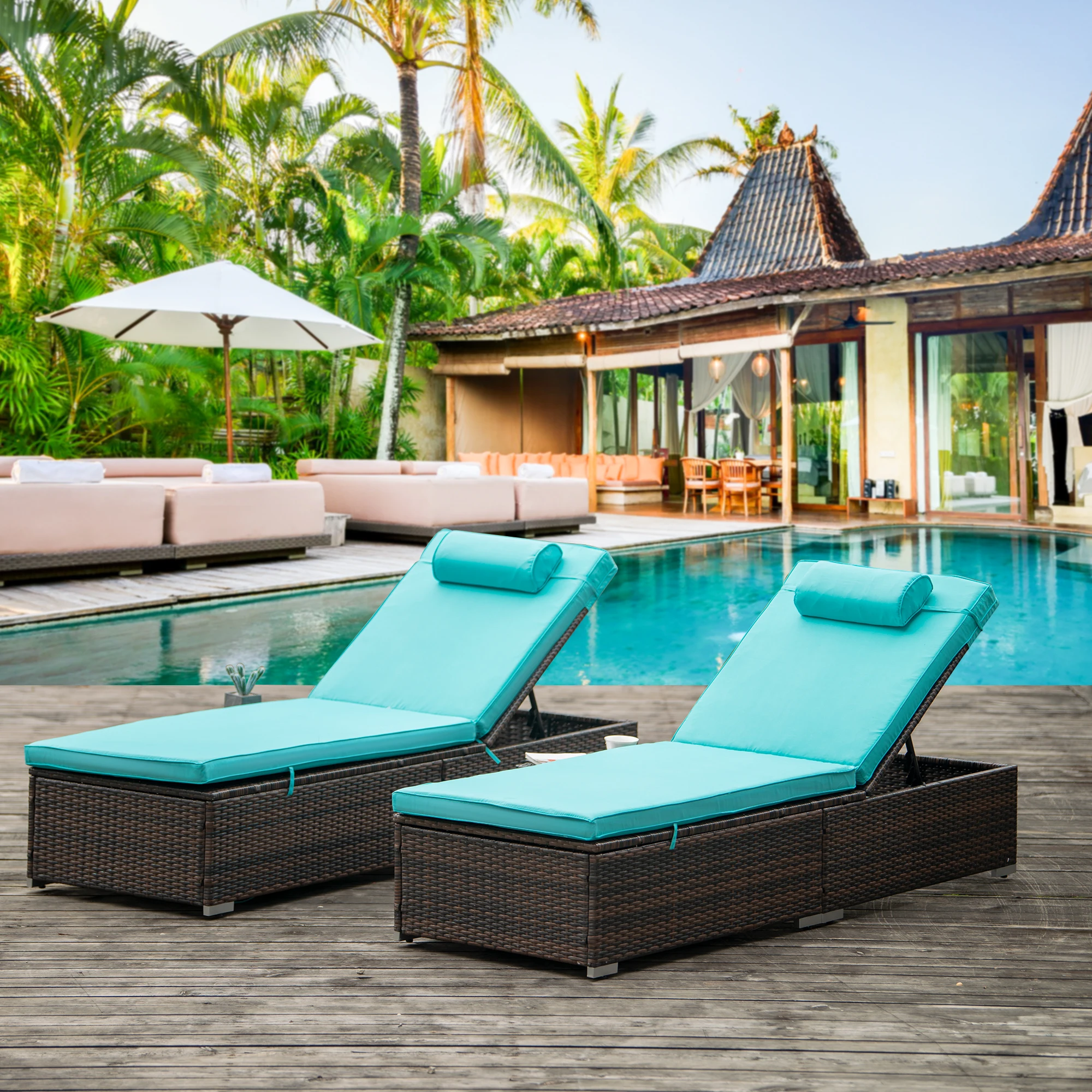 

2 Pc Patio Brown Rattan Reclining Chair Furniture Set Beach Pool Adjustable Backrest Recliners with Side Table and Head Pillow