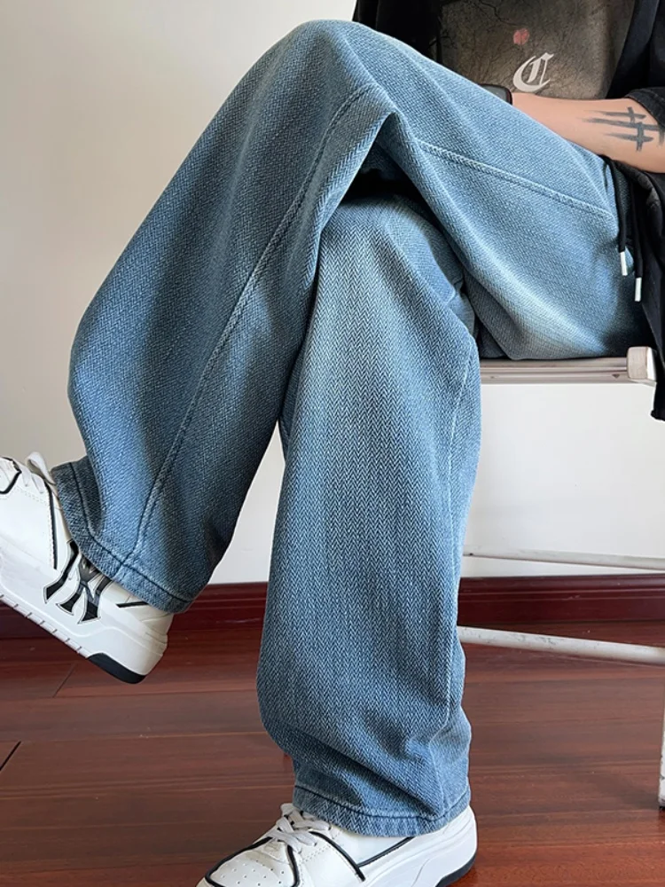 

New 2024 Men's Starry Pattern Loose Straight Leg Thin Denim Jeans American High Street Wide Leg Long Trousers