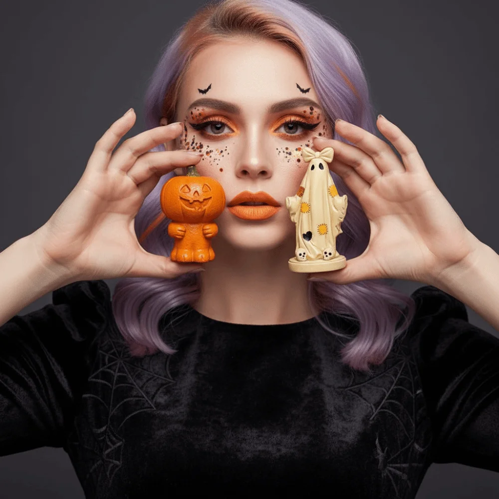 Resin Halloween Figurine Patchwork Detail Vibrant Orange Spooky Statue Handpainted Surface Durable Quality Ghost Ornament