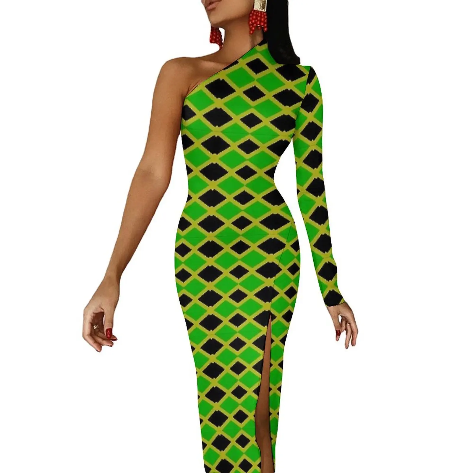 

Jamaican Flag Bodycon Dress Autumn JAMAICA NATIONAL DAY Club Side Split Long Dresses One Shoulder Graphic Party Dress