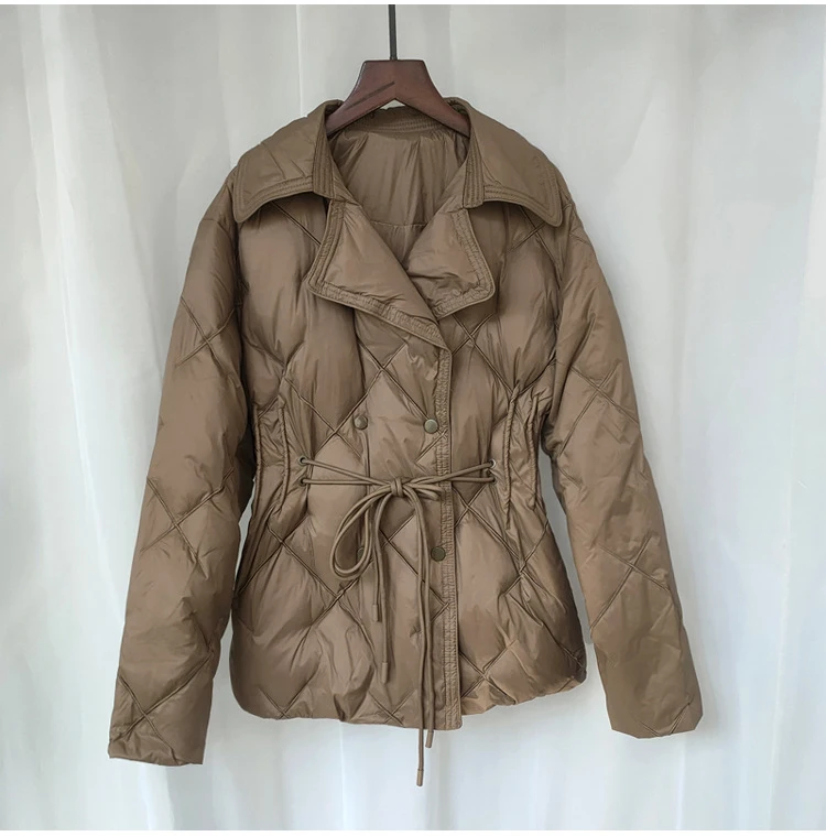 Schinteon Women White Duck Down Double Breasted Jacket Argyle Autumn Winter Outwear Office Lady Turn-down Collar Slim Coat 2026