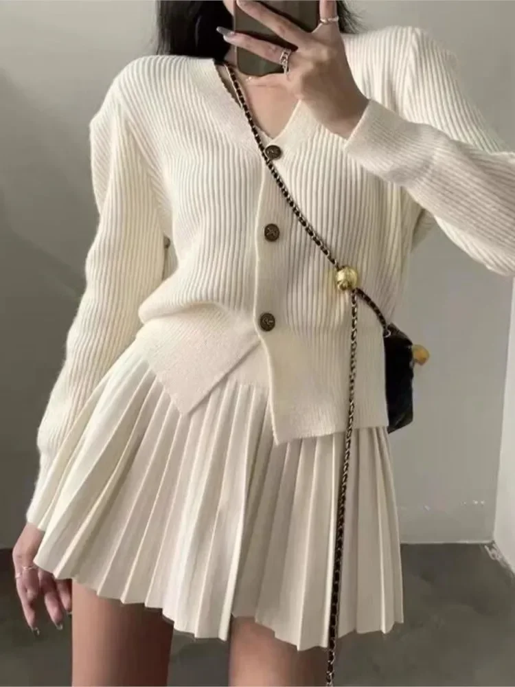 Y2K Korean Knitted 2 Piece Set Single Breasted V-neck Top High Waist Mini Pleated Skirt Autumn Spring Casual Solid Knitwear Suit