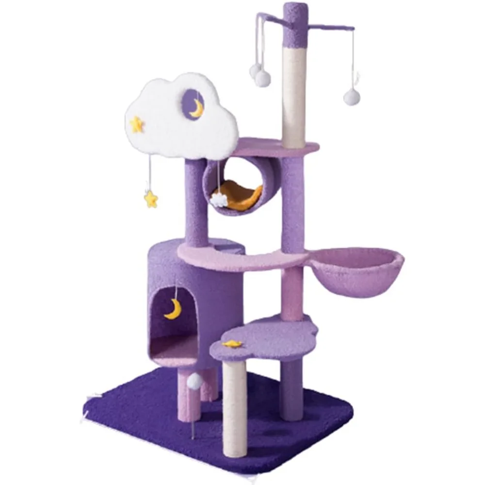 Cat Tower Multi-Level Dreamy Purple, Comfortable Plush Resting Platform, Tall Activity Tower with Scratching Posts Play Rest