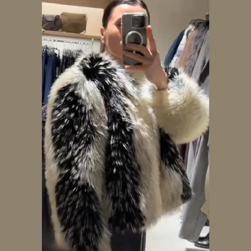 

Oversize Black White Faux Fur Jackets for Women Long Sleece Puffy Short Coat Trendy Warm Outwears 2025 New Thicken Lady Coats