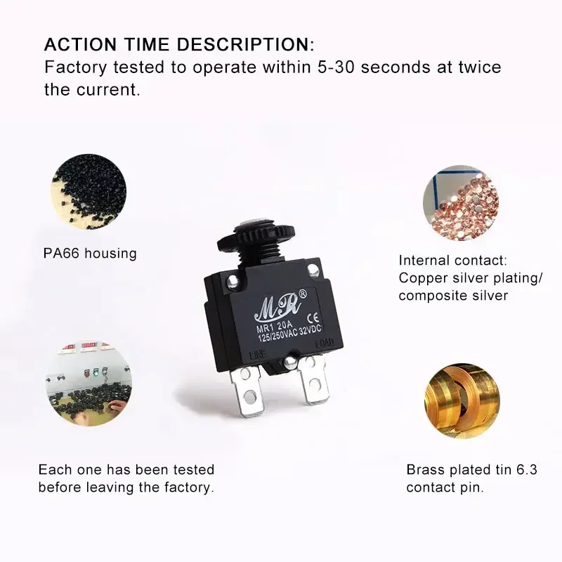 Current Overload Protection Switch Fuse for Compressor 3A 5A 10A 15A 18A 20A 30A Resettable 220V with Cover Circuit Breaker