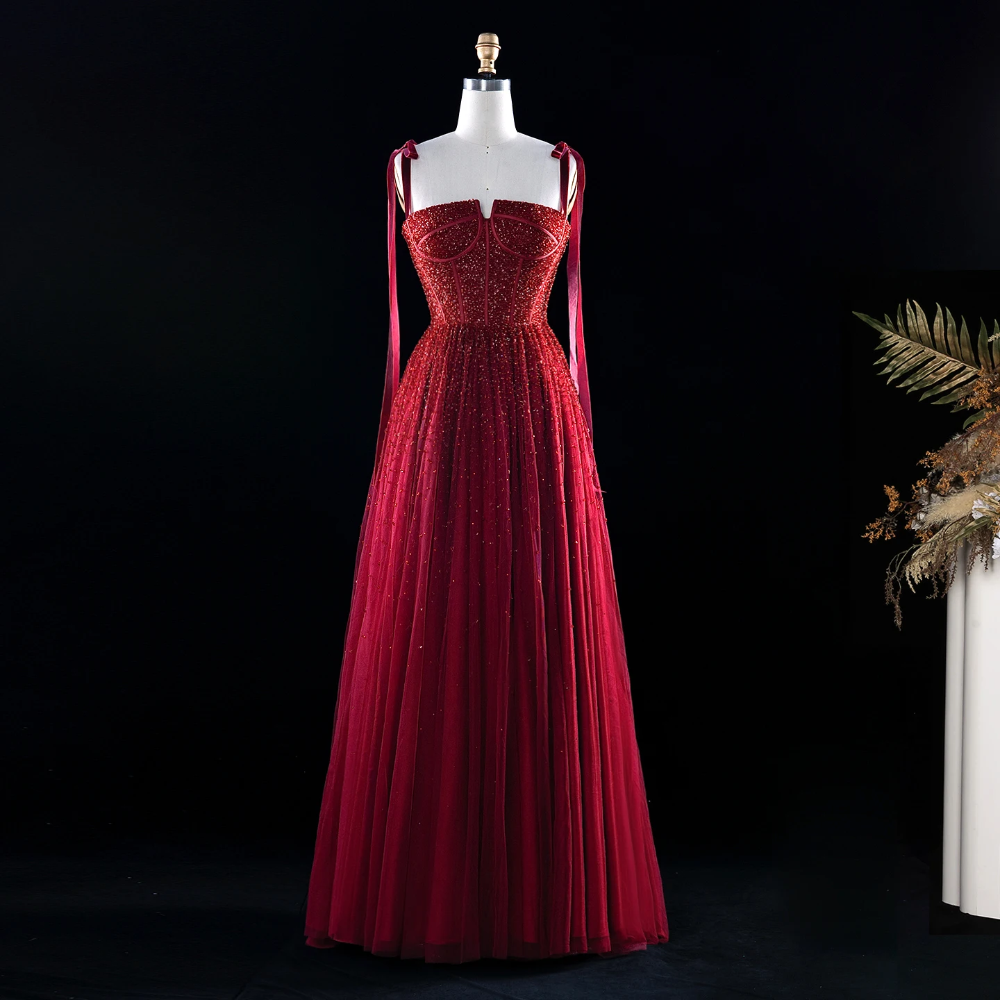 Sharon Said Burgunder Abendkleid mit Spaghettiträgern, Schleife, Perlenstickerei, fließendem Tüll, A-Linie, formelle Partykleider SS263, maßgeschneidert – Detail 5