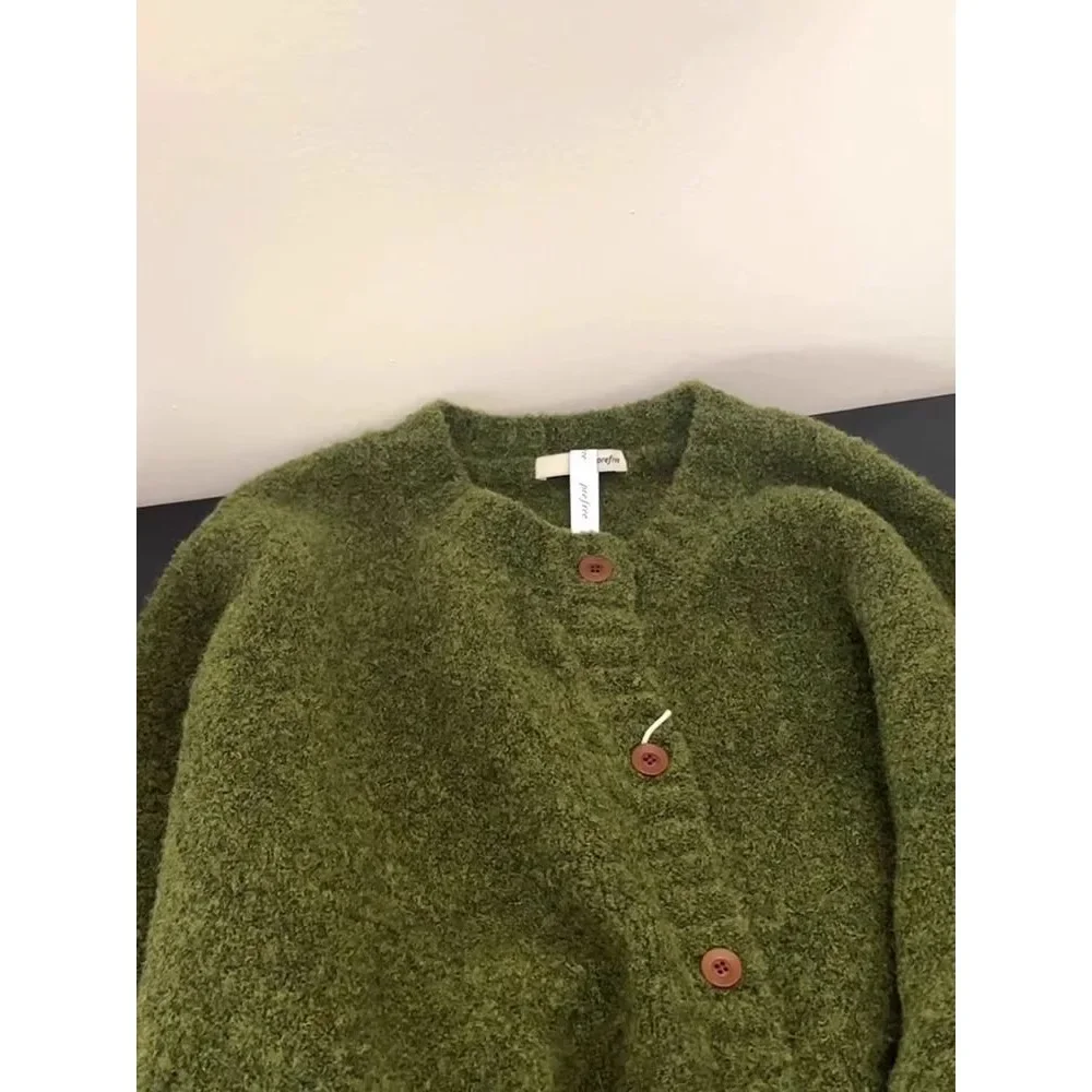 

Spring Autumn Retro Green Knitted Open Cardigan Women's Loose Soft Sweater Korean Style Top Lazy Style New Arrival