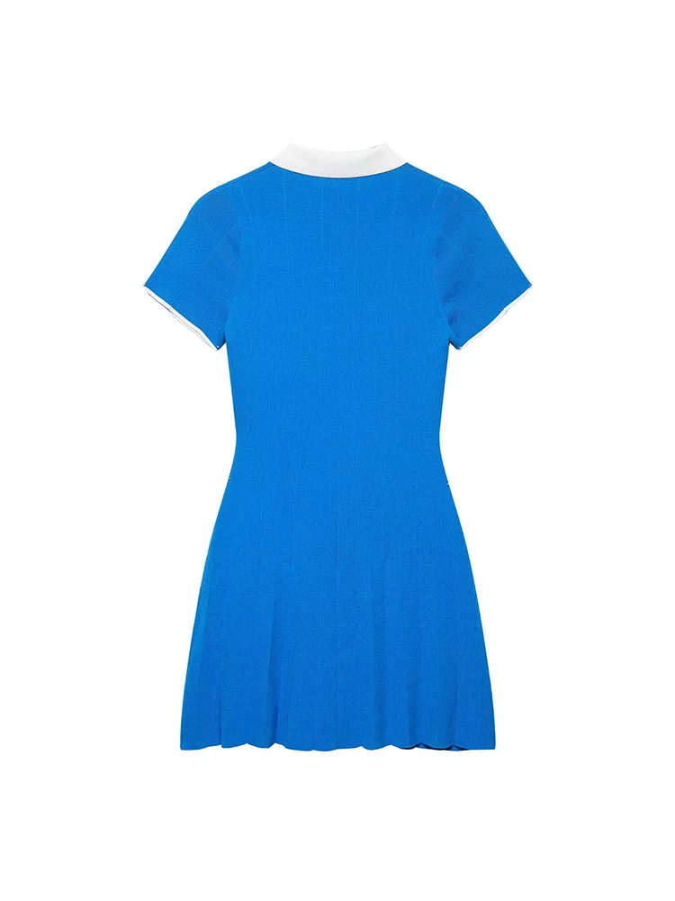 KUCLUT Women Fashion Blue Pleated Knitted A-Line Mini Dress Vintage Lapel Neck Short Sleeves Female Chic Lady Dresses