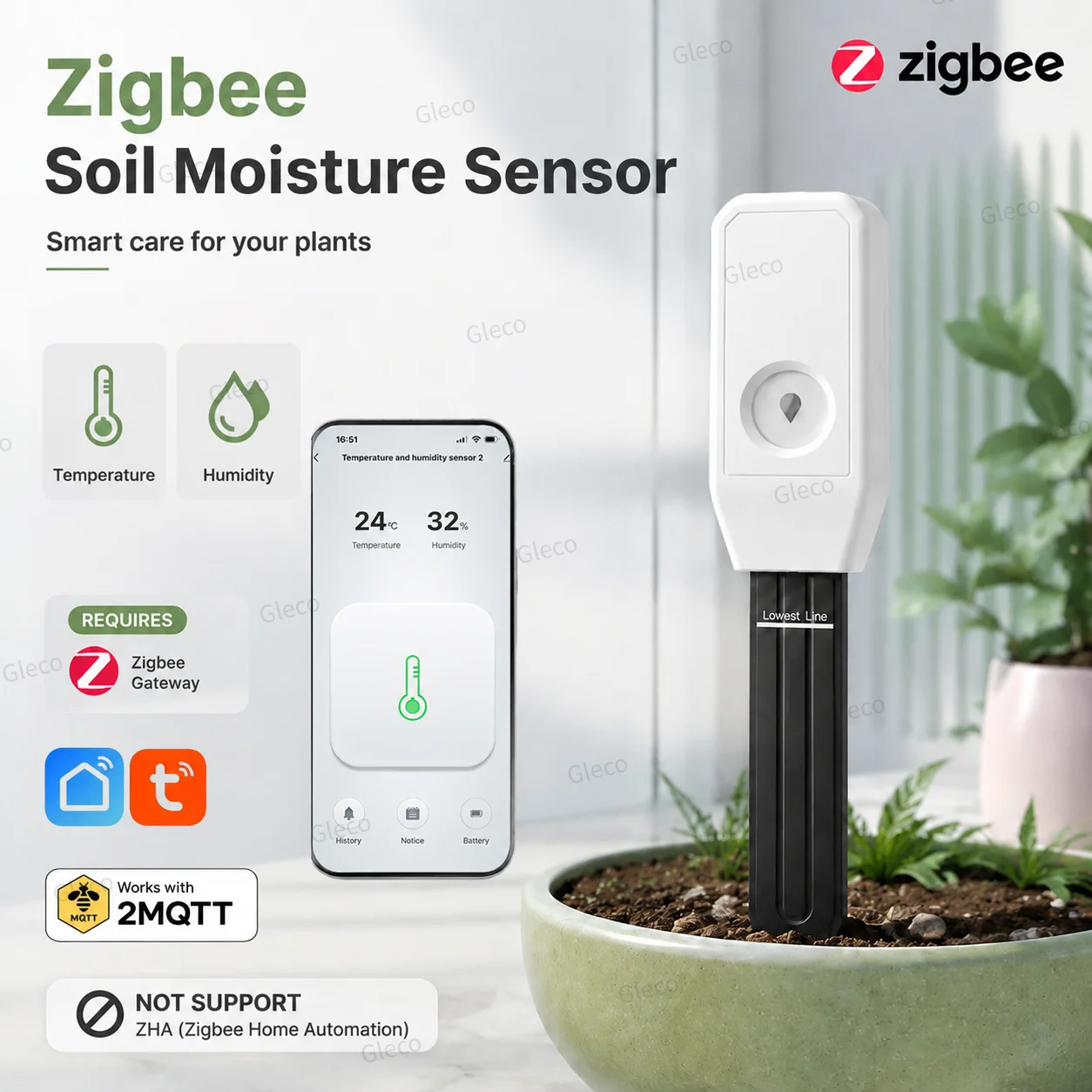 Smart Garden Domes - เซ็นเซอร์วัดความชื้นในดิน Zigbee TUYA พร้อมวัดอุณหภูมิและความชื้น สำหรับทดสอบดินในสวนและต้นไม้ในกระถาง ใช้งานร่วมกับเกตเวย์