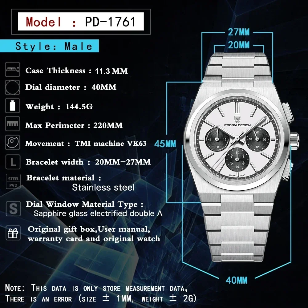 PAGANI DESIGN New Luxury Man's Sports Quartz Watches VK63 Sapphire Stainless steel  20bar Waterproof reloj hombre PD1761