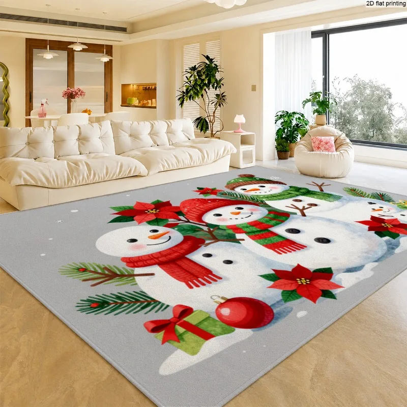 Christmas Snowman Poinsettia Area Rug Winter Gift Rectangle Floor Rug for Living Room Indoor Holiday Xmas Cute Large Area Rug