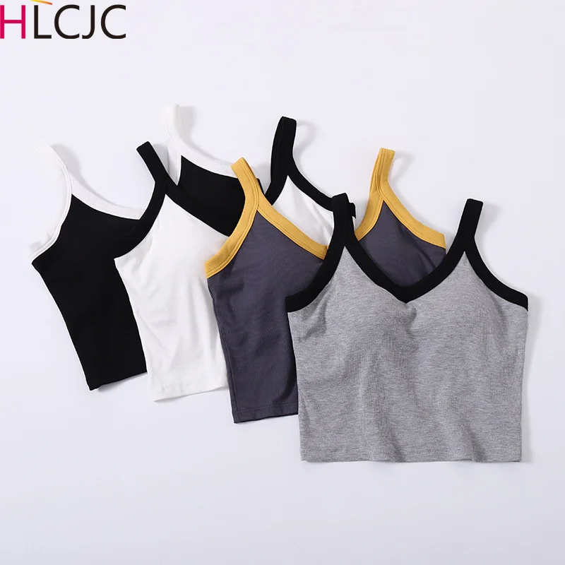 

Contrasting Color Camisole Vest Women's Chest Pad Threaded One Piece Pajamas Comfortable Sleep Tops Sexy Bottoming Shirt Female