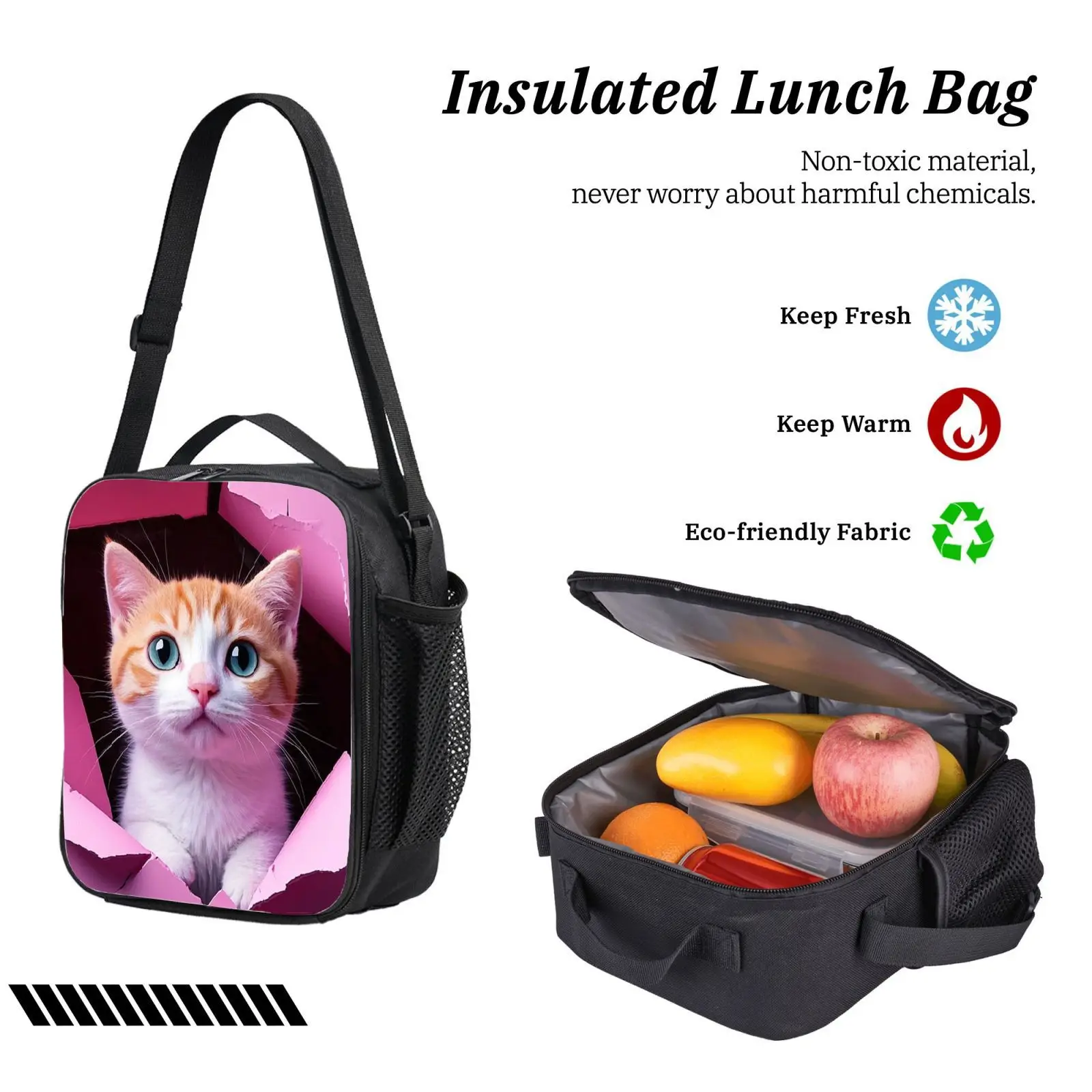 Set de tres piezas: mochila, estuche para lápices, bolsa de almuerzo, alta calidad, impresión 2D, gran capacidad, gato, lindo, regalo, para uso diario