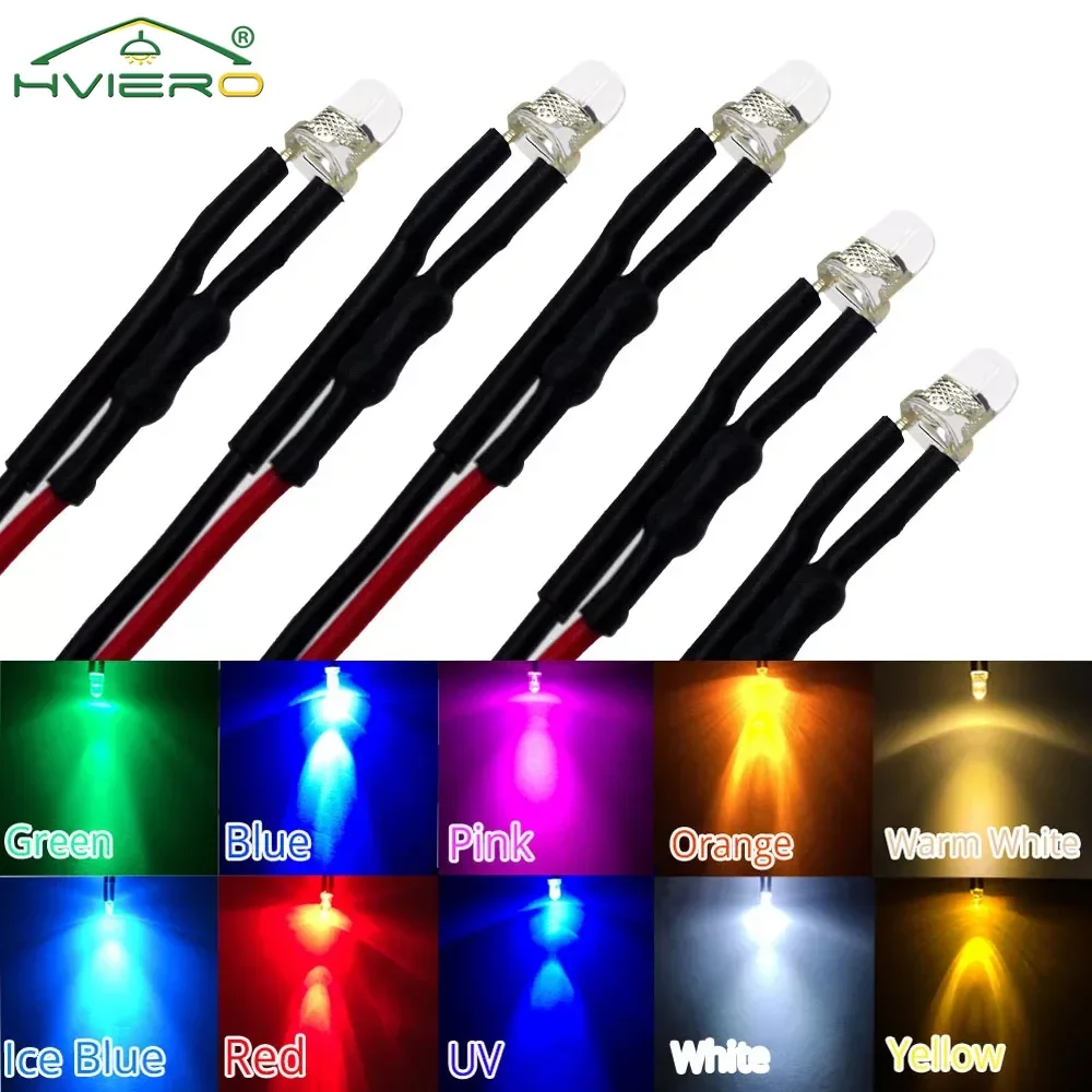 

20X Min F3 3mm 20cm Pre Wired Round Bulb LED Chip Light Beads Cable DC 12V White Warm Red Green Blue Yellow Emitting Diodes Lamp