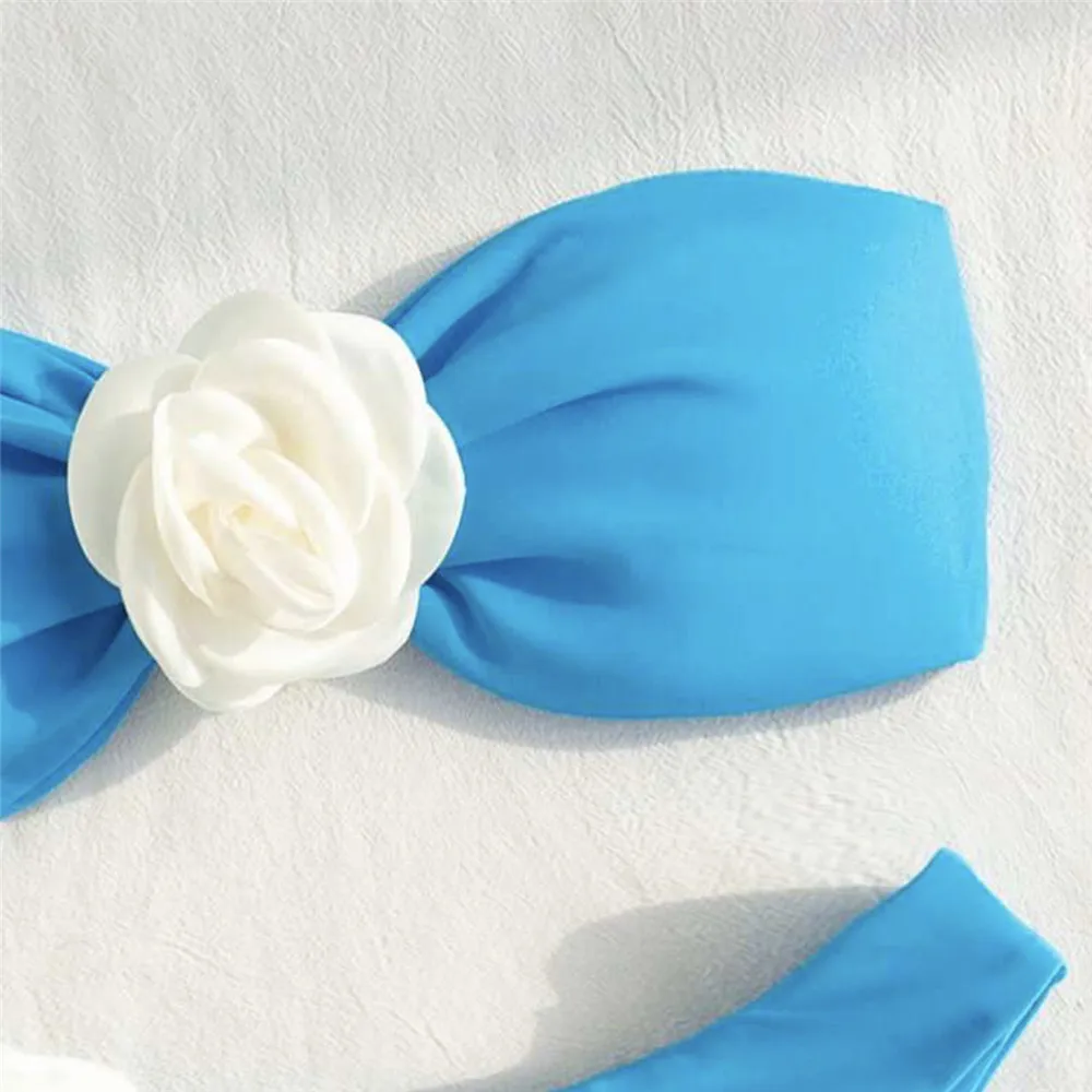 Sexy Blue 3D Flower Swimwear Bandeau Bikinis Sets 2024 Mujer Swimsuits Women Back Kontted Strój kąpielowy Stringi Bikini Biquinis