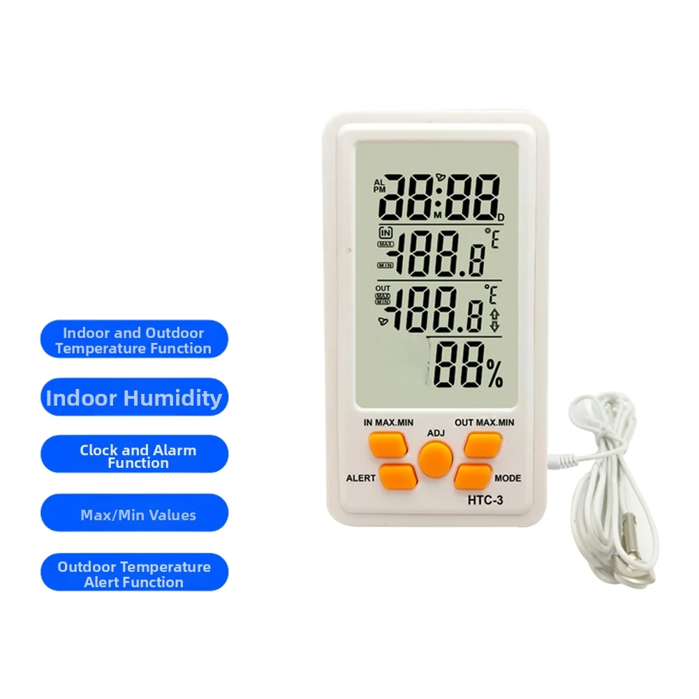 Thermometer Hygrometer HTC-3 Digital Large Display Indoor Outdoor Humidity Meter Clock Calendar Alarm 12/24h Time System