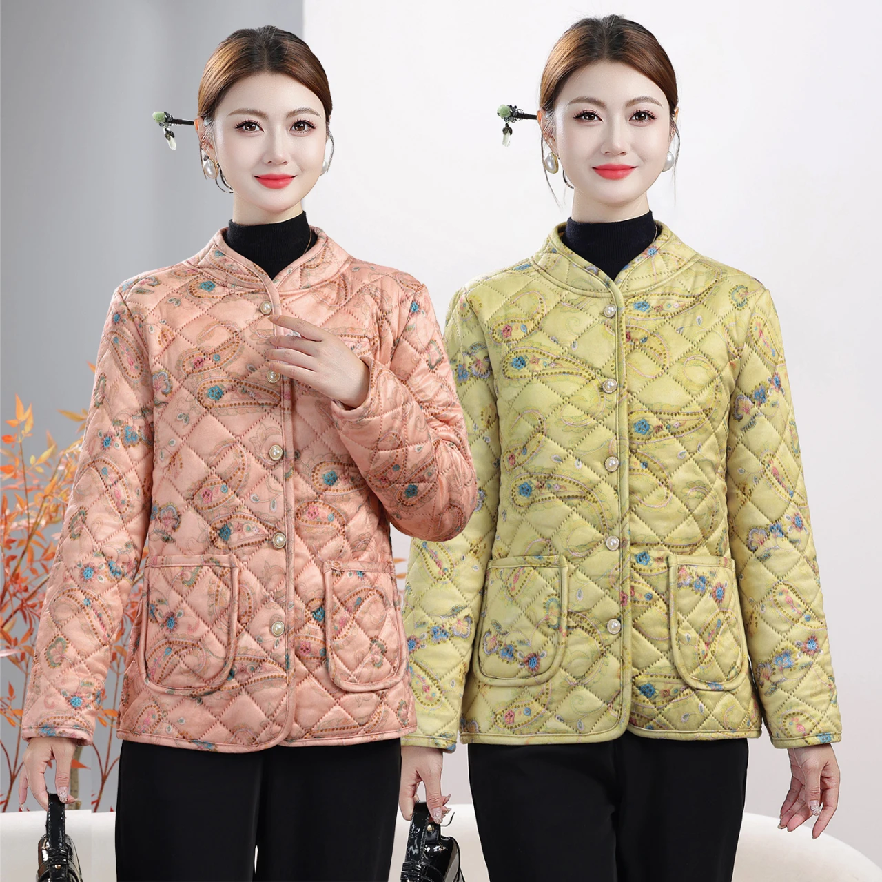 New Floral Cotton Jacket Plus Size Warm Women's Cotton Jacket Pocket Women's Cotton Lining Coat