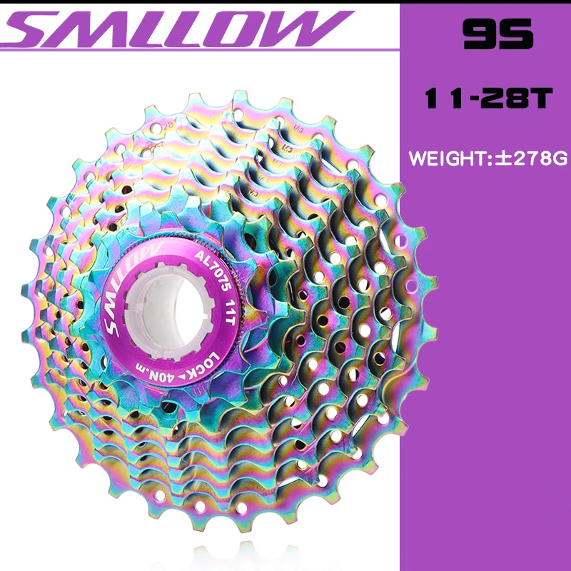 SMLLOW Road Bicycle Colorful Cassette Freewheel 9 Speed 11-13-15-17-19-21-23-25-28T Chrome-Molybdenum Steel Flywheel Rainbow