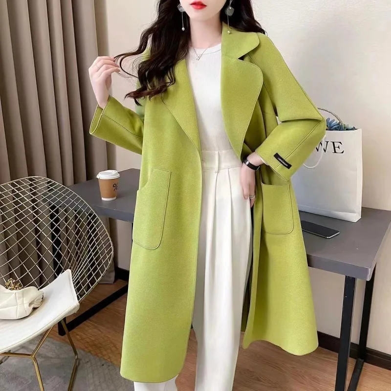 2024 Autumn Winter New Double-Sided Woolen Coat Women's Lace Up Mid To Long Korean Version Loose And Fashionable Slimming Jacket