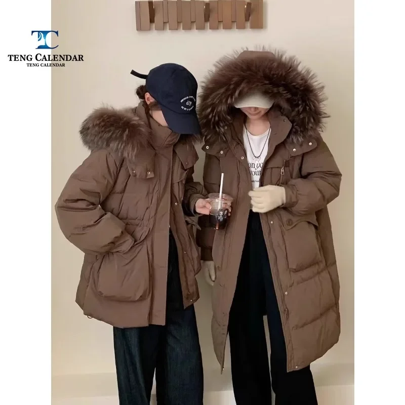 Fashionable Down Jacket, Long Real Raccoon Big Fur Collar Waist Cinching Slimming Jacket, Women's Winter 2024 New Style,