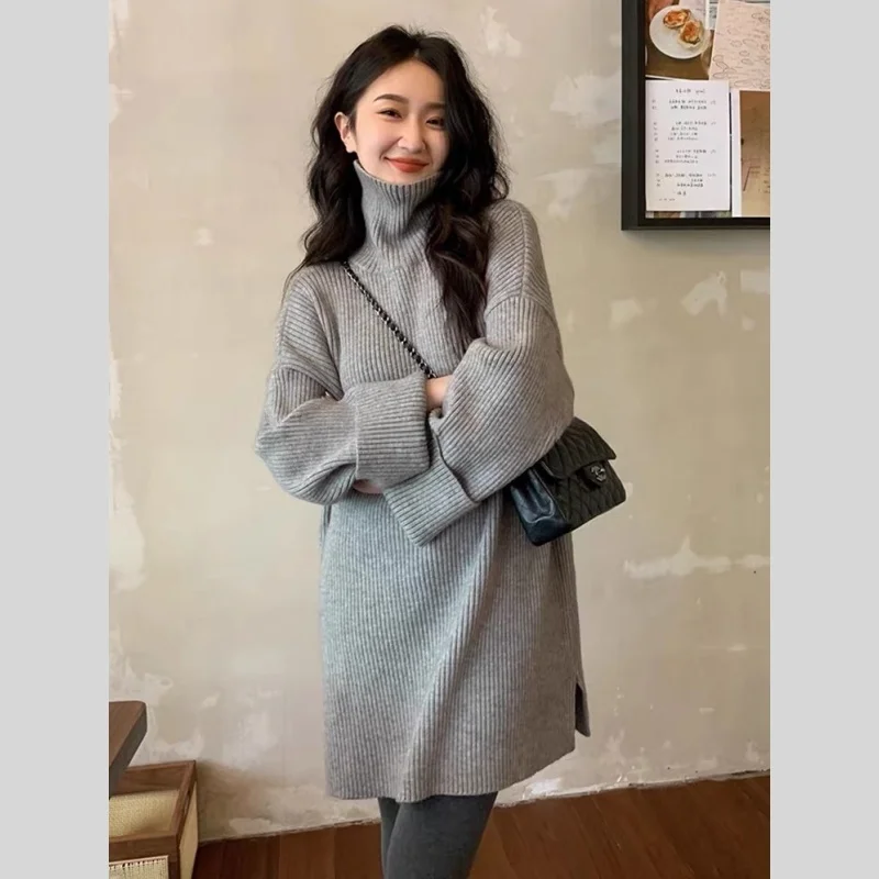 

Серый шерстяной длинный свитер с высоким воротником для женщин, свободный стиль со шнуровкой на спине, осенне-зимний модный кашемировый пуловер, платье QYF 2522