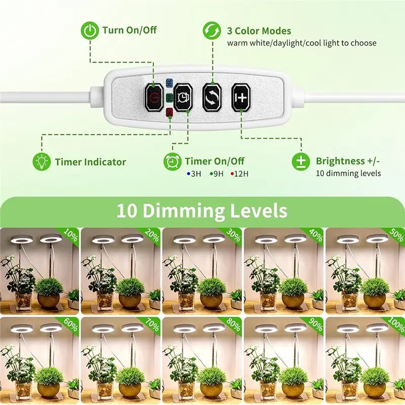 ABAG Adjustable Height LED Plant Grow Light, 2-Head Growing Lamp With Timer Suitable For Indoor Plants, For Small Plants