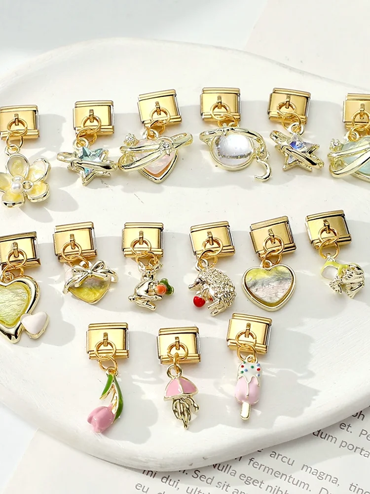 Nouveau lapin coeur méduse crème glacée couleur or pendentif italien charme lien ajustement 9mm Bracelet mode acier inoxydable bricolage fabrication