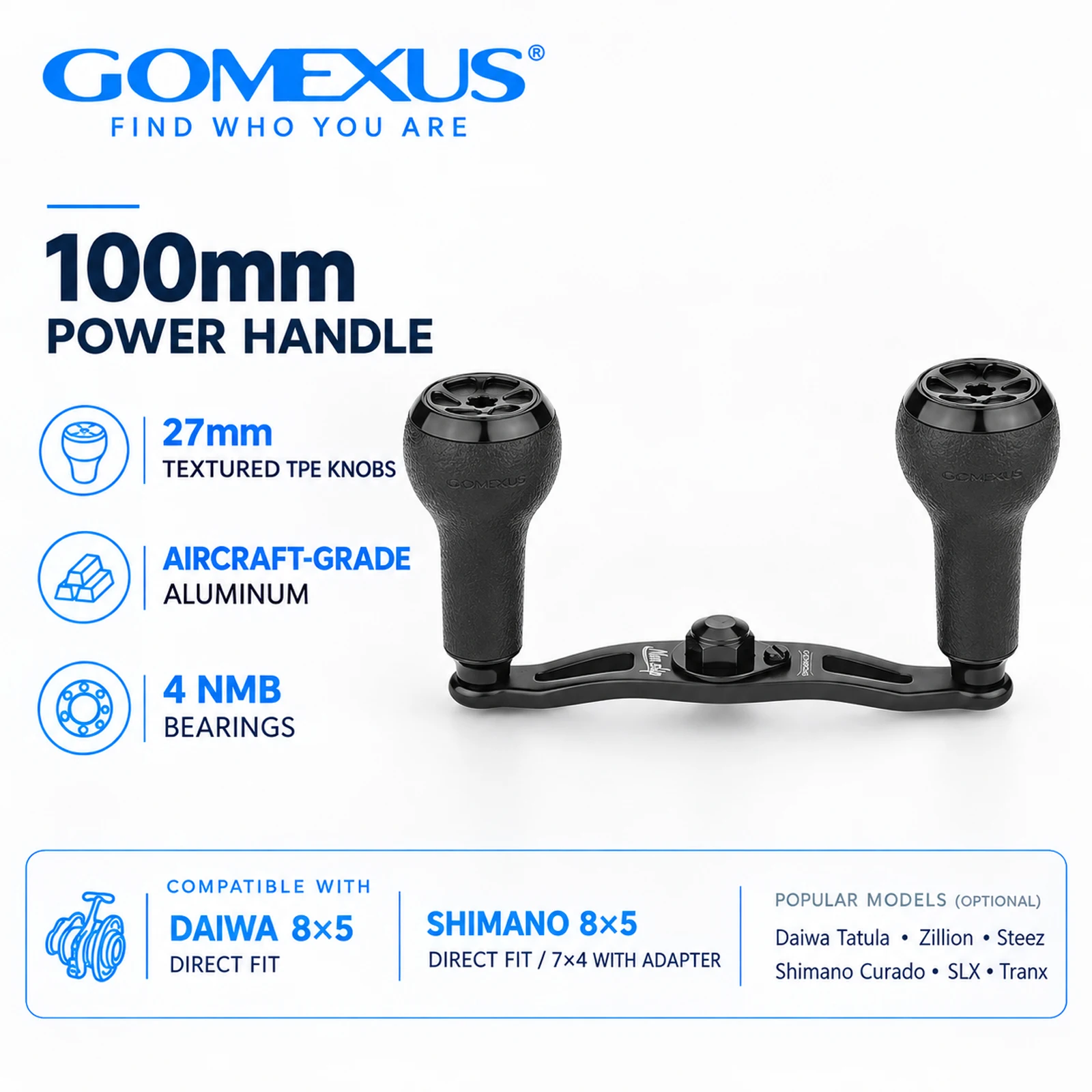 GOMEXUS Alça de alimentação de 100 mm com botão TPE de 27 mm para Shimano (8X5 mm) Daiwa Tatula Zillion Abu Garcia Okuma Carretilhas de arremesso Lew