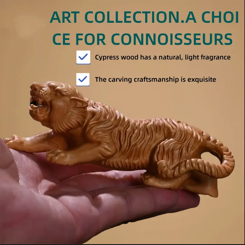 Wood Carving Tiger Baby Sculptures and Figurines Chinese Characteristic Home Room Office Table Decoration and Accessories