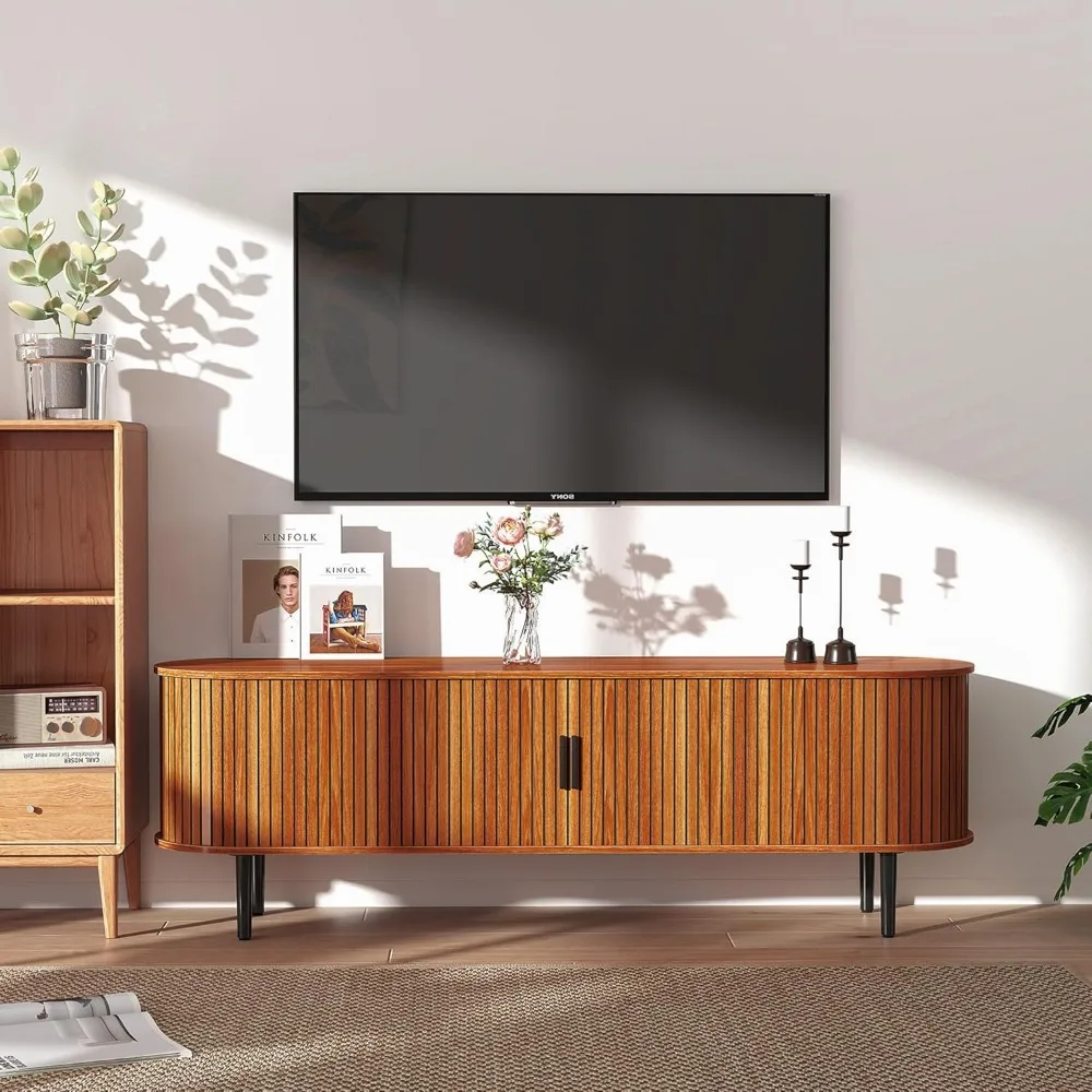 Mid Century Modern TV Stand with Tambour Door Storage and Long Media Console